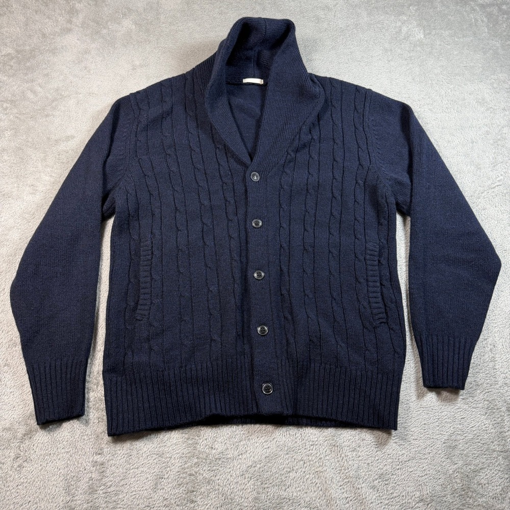 GU Cable Knit Cardigan Mens Large Navy Blue Wool Blend Shawl Collar Button Front